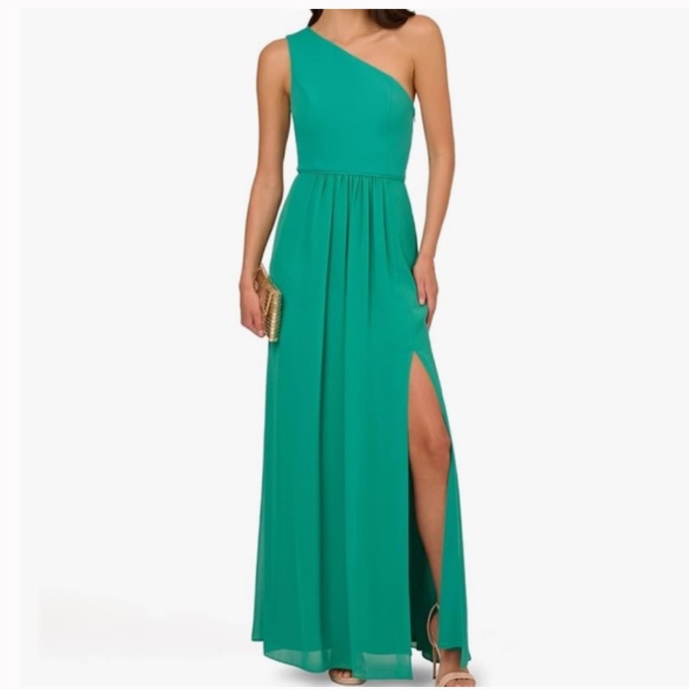 Adrianna Papell Women's Formal Evening Dress Green Chiffon One Shoulder‎ Gown 8